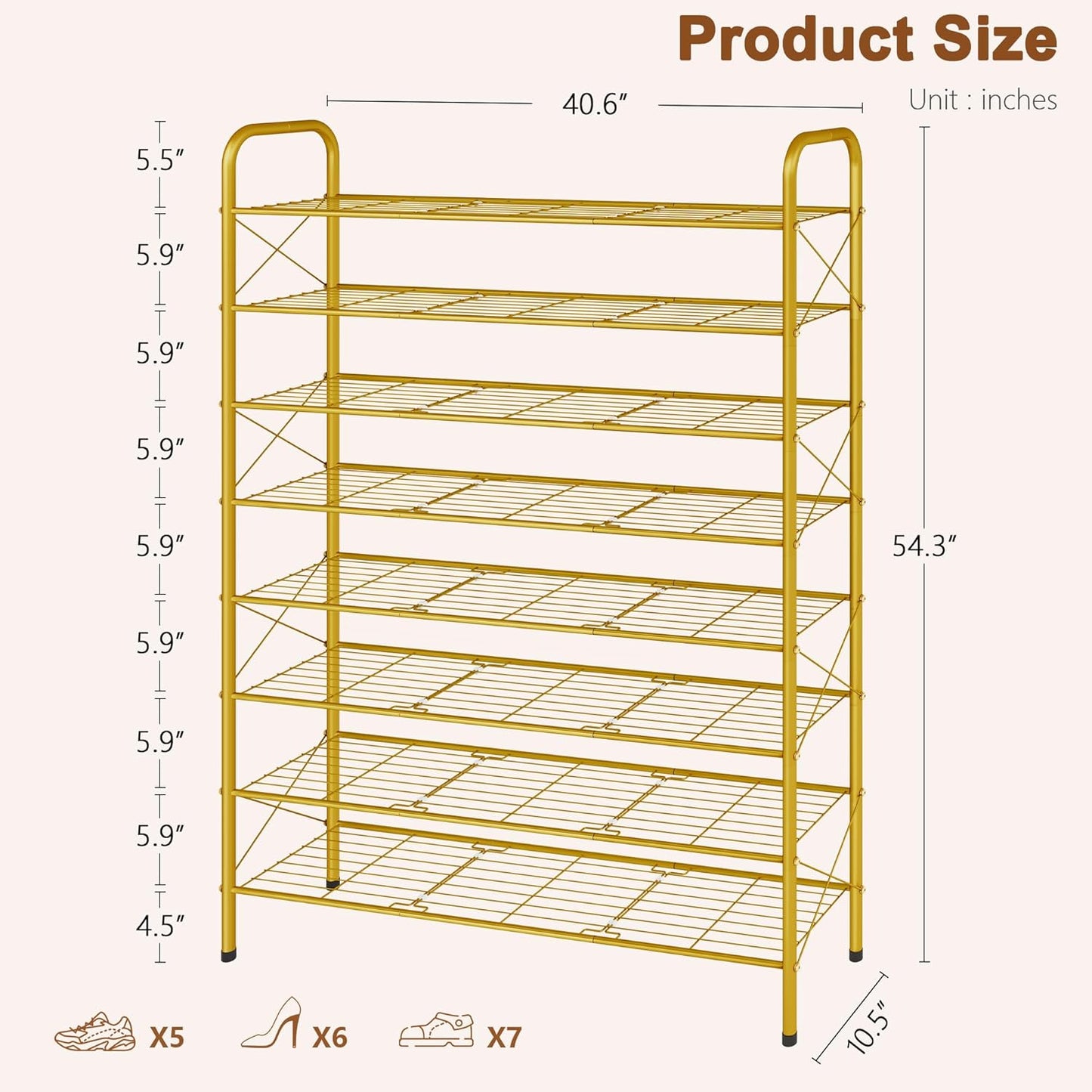 Hoctieon 8 Tier Shoe Rack for Closet, Durable Mesh Style Shoe Rack, Entryway Shoe Shelf, Shoe Storage Organizer for Hallway, Bedroom, Living Room, Wardrobe, Gold