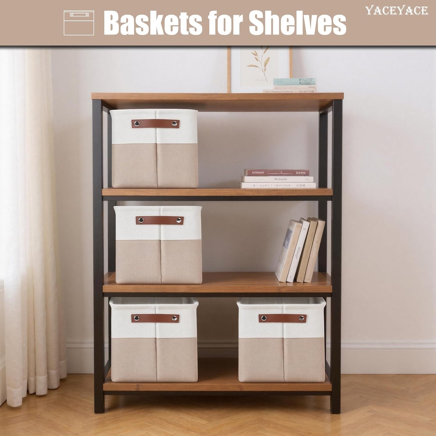 Storage Baskets with Handles, 4 Pack Foldable Storage Bins for Shelves, Linen Fabric Basket for Home Decorative,Organizing Cloth Toy Nursery