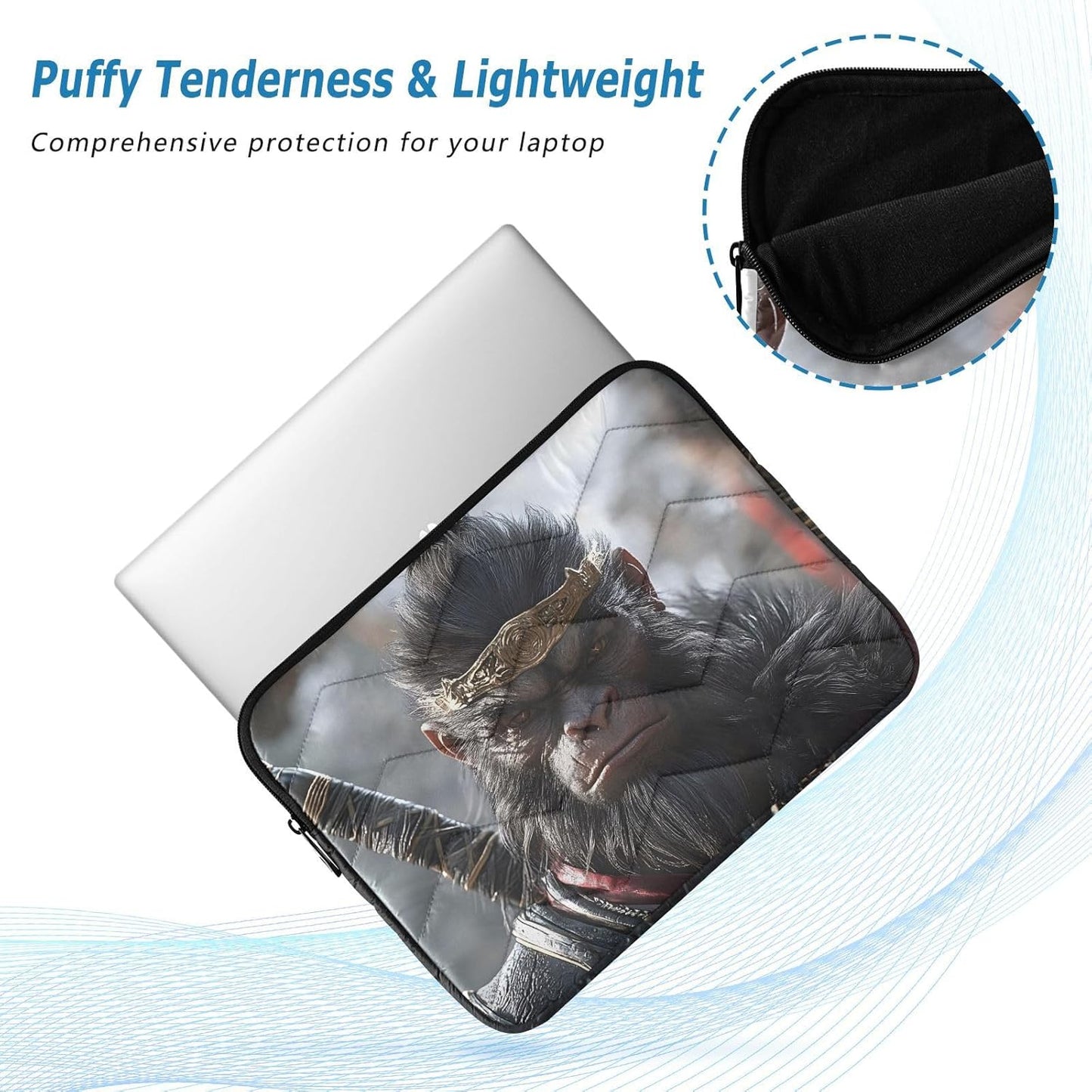 Quilted Laptop Sleeve Case,Slim Portable Black Computer Protective Cover,Wukong(15'' - 16'')
