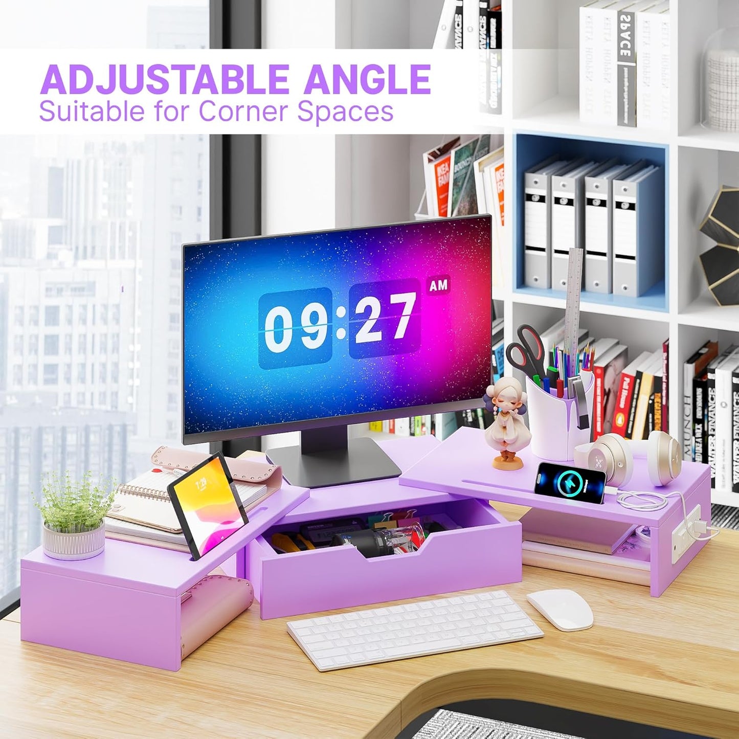 Elephance Dual Monitor Stand with USB Ports,Wood Computer Monitor Stand with Drawer,Adjustable Monitor Stand Riser,Desk Organizer for PC,Computer,Laptop,Purple Pink
