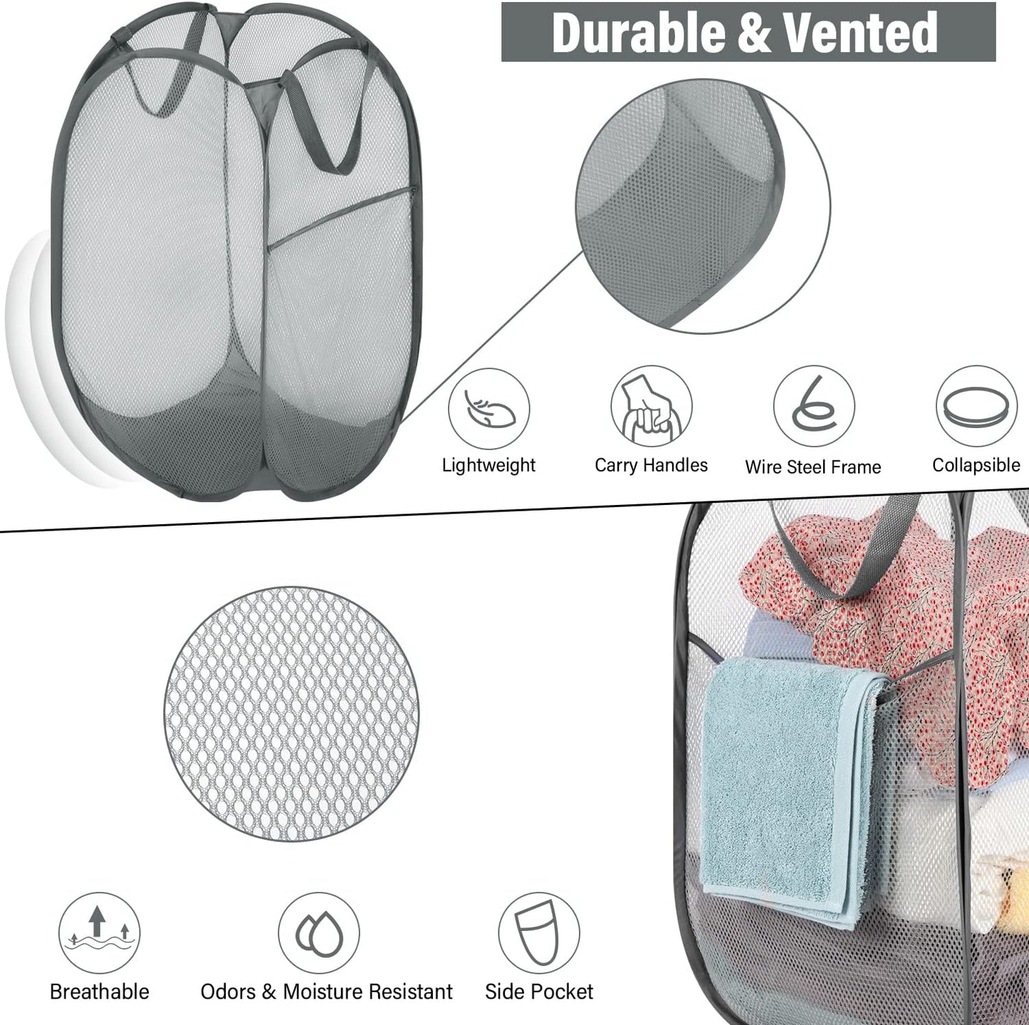 BATTOO Deluxe Strong Mesh Pop up Laundry Hamper Basket with Side Pocket for Laundry Room, Bathroom, Kids Room, College Dorm or Travel 2 Pack White