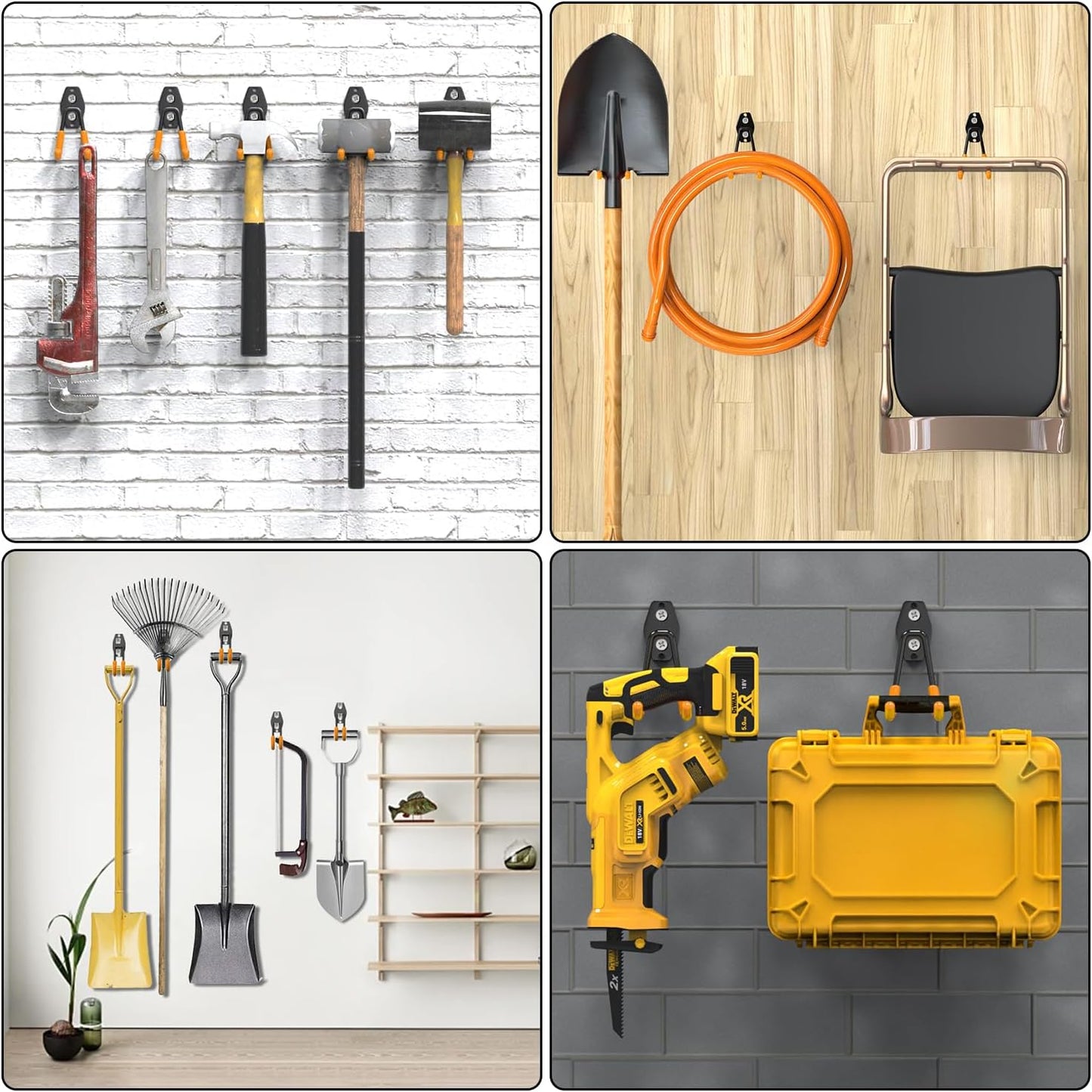 3-H Garage Wall Hooks 10 Pack, Heavy Duty Garage Hooks with Extra Welding Spots, Wall Mount Storage Organizer for Hanging Garden Lawn Tools, Chair, Shovel, Blower, Toolkit (Orange)