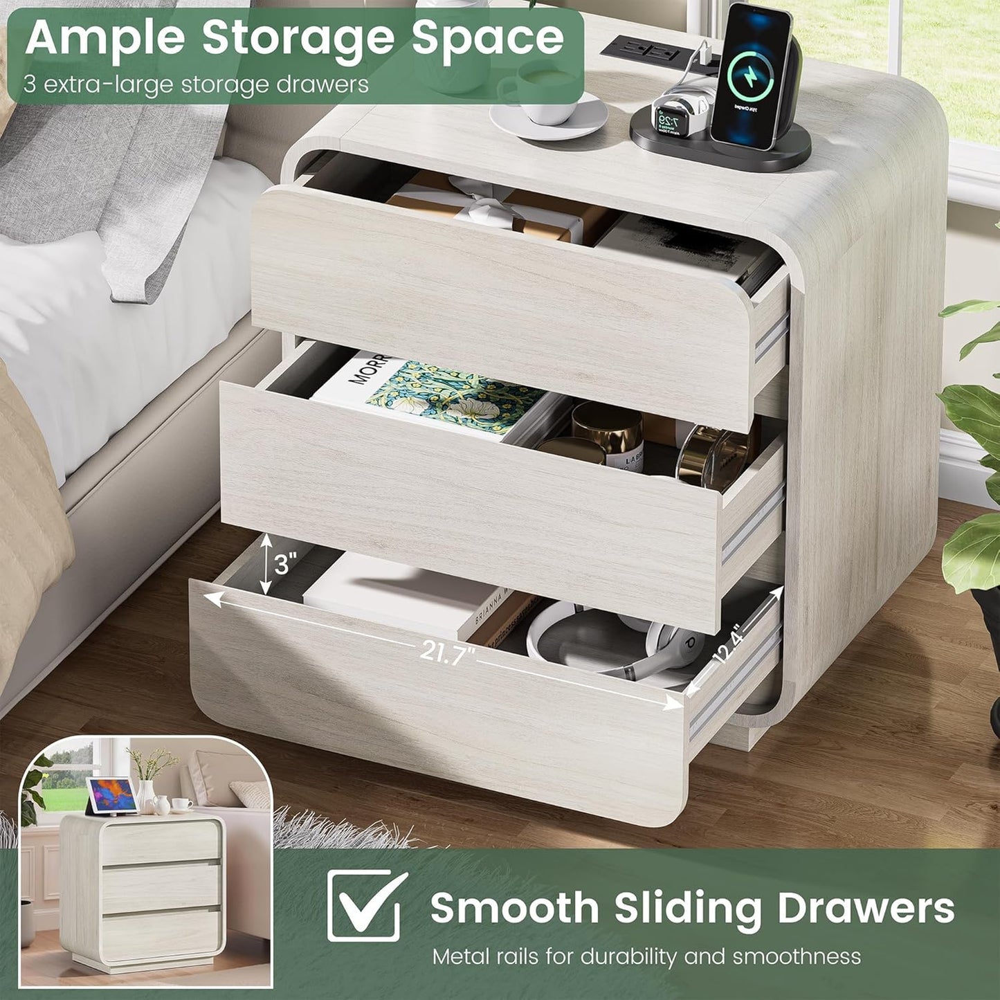 White Night Stand Set of 2 with Charging Station, Modern Dresser End Table with 3 Storage Drawers, Curved Wood Bedside Table, Mid Century Night Stand for Bedroom Dorm, 23.2" Wide
