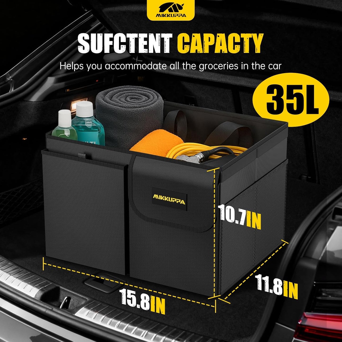 MIKKUPPA Car Trunk Organizer - 35L Collapsible Trunk Organizer with Lid, Sturdy Car Storage for SUV Auto Truck Van (Black, 2Pack)