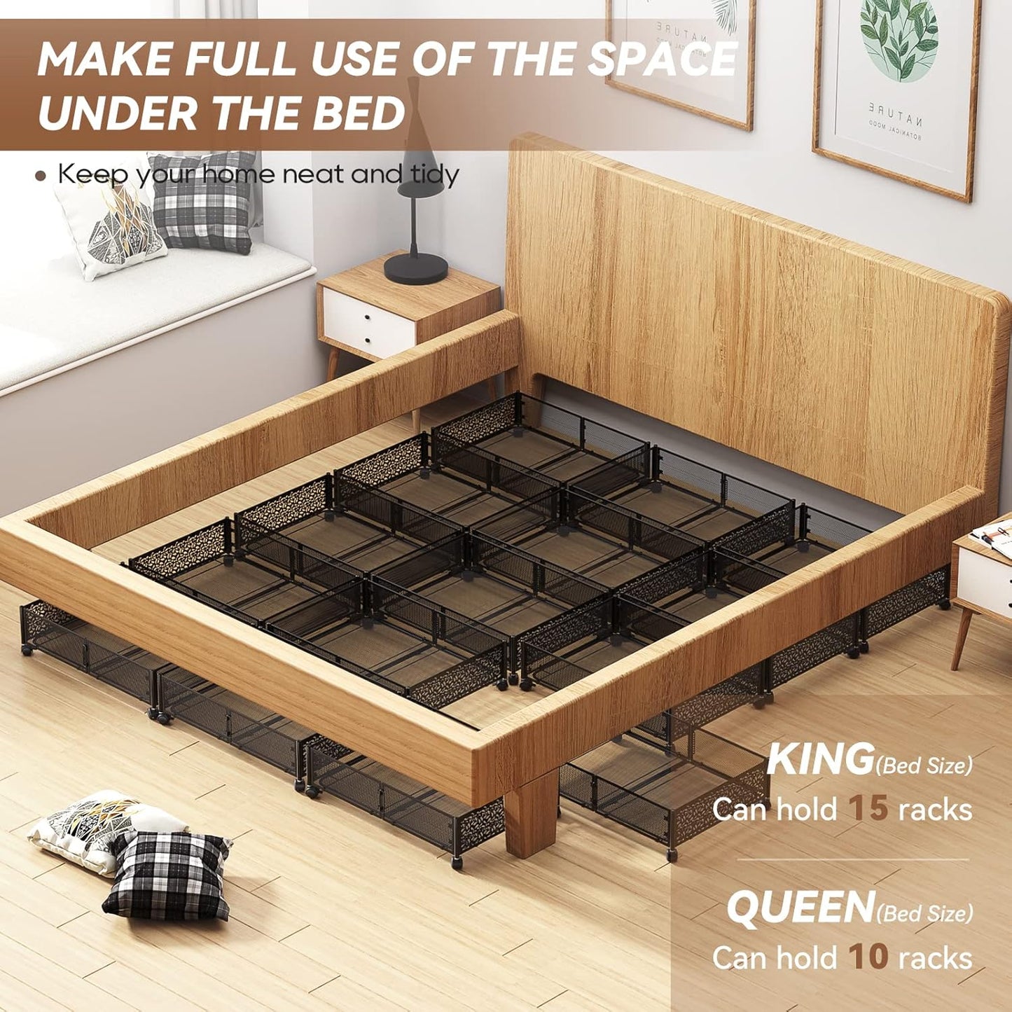 Under Bed Storage Containers with Wheels, Under Bed Shoe Storage Organizer Drawer, Tool-free Assembly Metal Storage Containers for Bedroom Clothes Shoes Blankets -2PCK