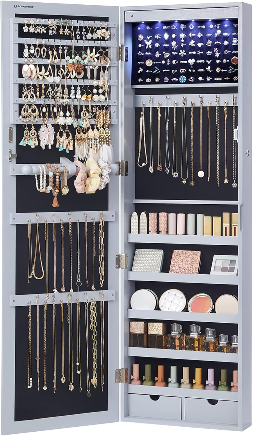 SONGMICS 6 LEDs Mirror Jewelry Cabinet, 47.2-Inch Tall Lockable Wall or Door Mounted Jewelry Armoire Organizer with Mirror, 2 Drawers, Christmas Gift, 3.9 x 14.6 x 47.2 Inches, Gray