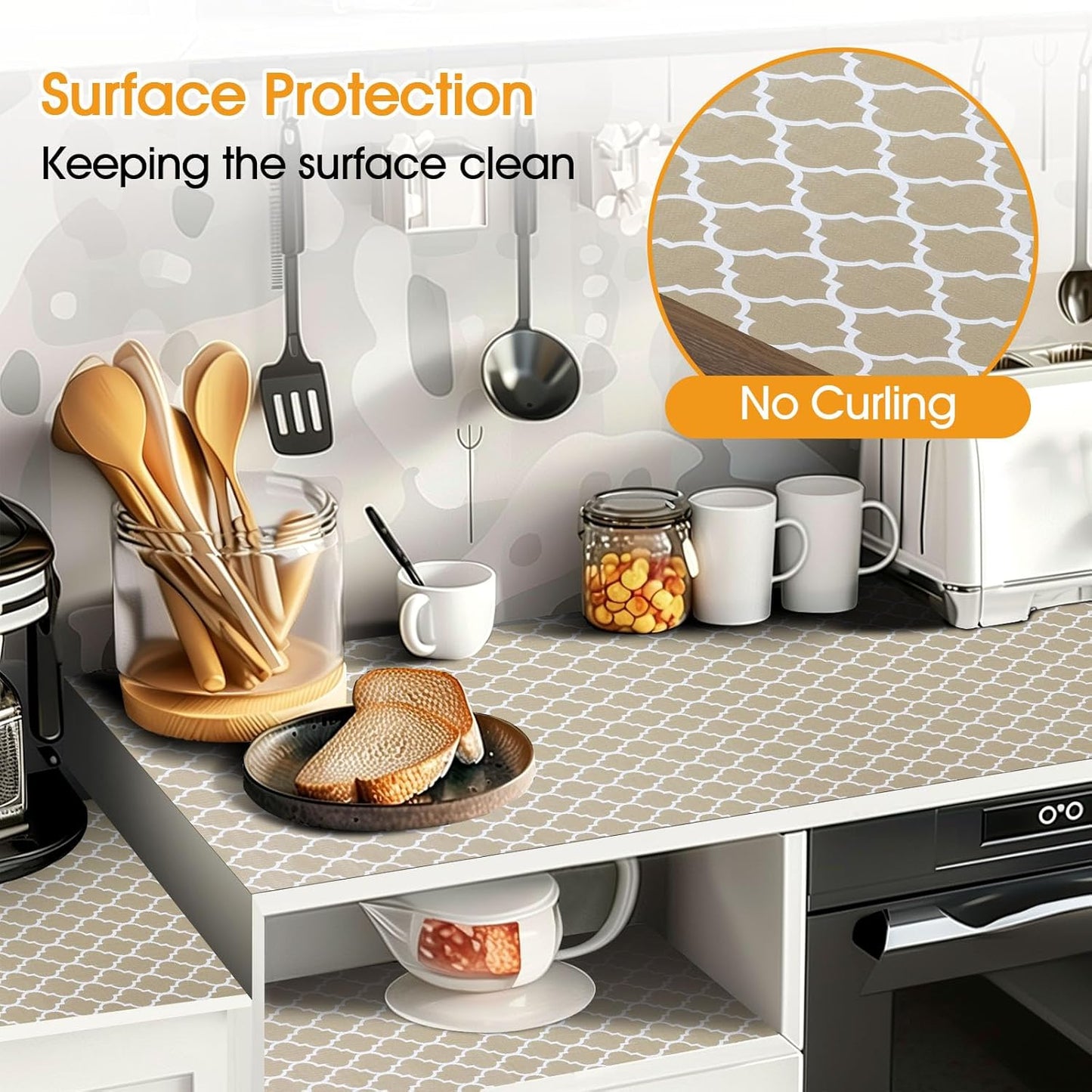 Shelf and Drawer Liner for Kitchen Cabinets Non-Adhesive, Strong Grip Non-Slip Thickened Cabinet Liners for Shelves, Waterproof Mats for Dresser Cupboard, Beige, 17 in x 10 Feet