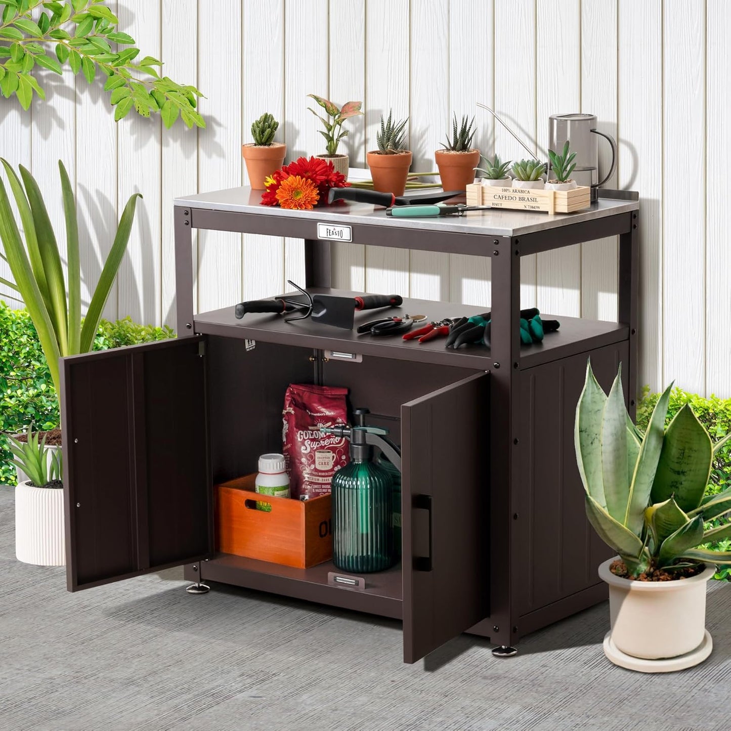 Garden Potting Bench with Storage Cabinet, Outdoor Gardening Table & Work Bench for Plants, Horticulture, Outdoor Workstation with Stainless Steel Tabletop, Outdoor Work Table