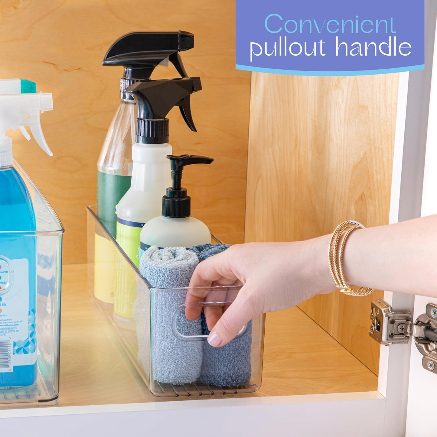 primebox Plastic Food Storage 6 Pack Clear Container Bin with Handles for Organizing Kitchen, Pantry, Refrigerator, Freezer, Pantry, Cabinet, Closet, Bathroom. 14”x4”x4”
