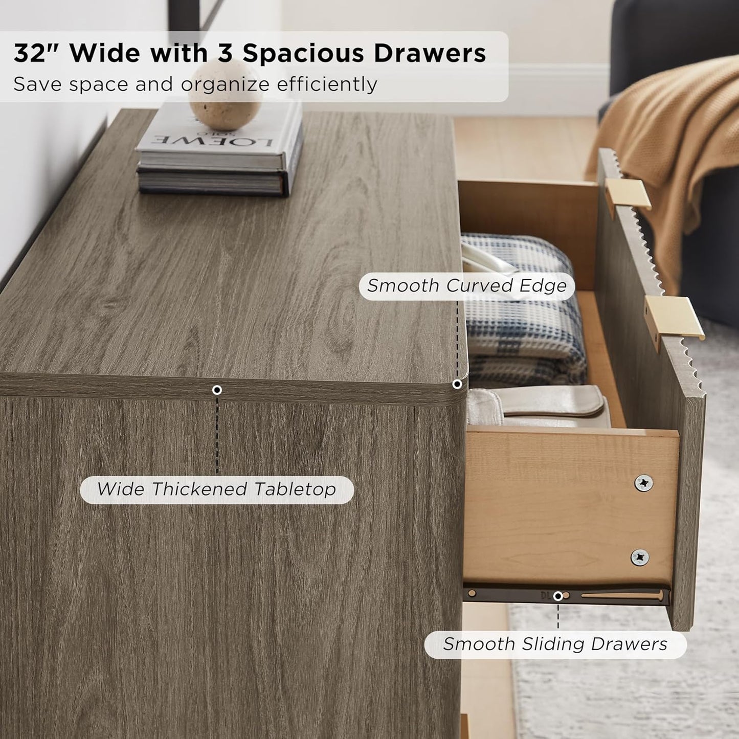 T4TREAM Fluted 3 Drawers Nightstand Set of 2, Oversized Extra Large Modern Side Table, End Table Bedside for Bedroom, Living Room, Curved Profile Design, Grey Alder