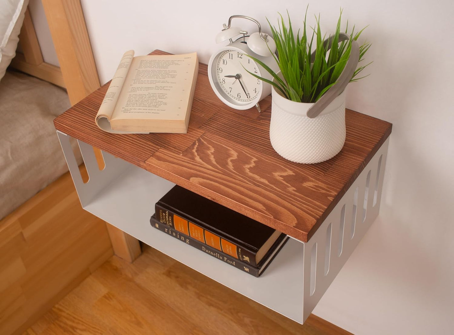 Floating Nightstand with White Metal Base, Wooden Top and Sturdy Metal Base, Minimalist Bedside Table, Wall Mounted Shelf, Bedside Shelf (Paris)