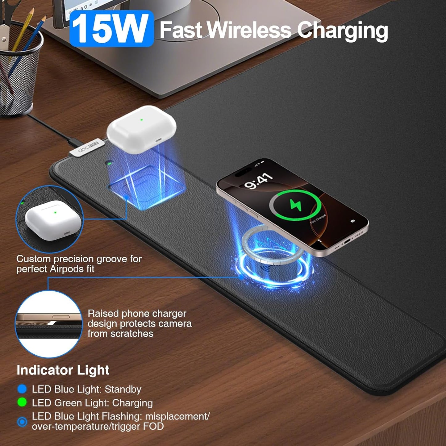 Magnetic Wireless Charging Mouse Pad, 31.5"x15.8" Large Gaming Desk Mat for Keyboard/Laptop, Non-Slip Base & 20W PD Adapter, Waterproof Ultra-Smooth Surface Mousepad for Gamer, Office & Home, Black