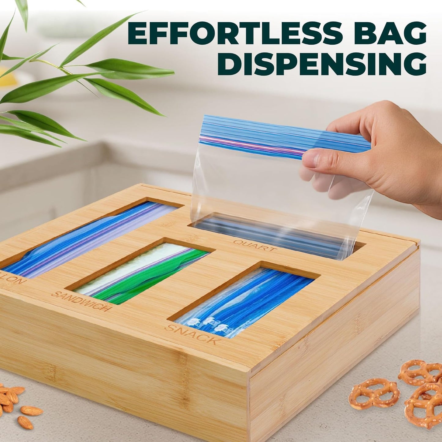 Bamboo Storage Bag Organizer for Kitchen Drawer – Foil & Plastic Bag Organizer for Drawer – Ideal for Foil and Plastic Wrap | Gallon, Quart, Sandwich, Snack Bags, Baggie Holder