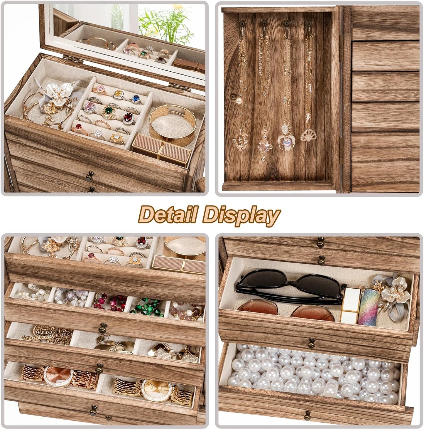 Emfogo Wooden Jewelry Box for Women, 6-Tier Large Jewelry Organizer Boxes with Mirror Rustic Solid Wood jewlery Storage Display for Rings Earrings Necklaces Bracelets watches(Carbonized Black)