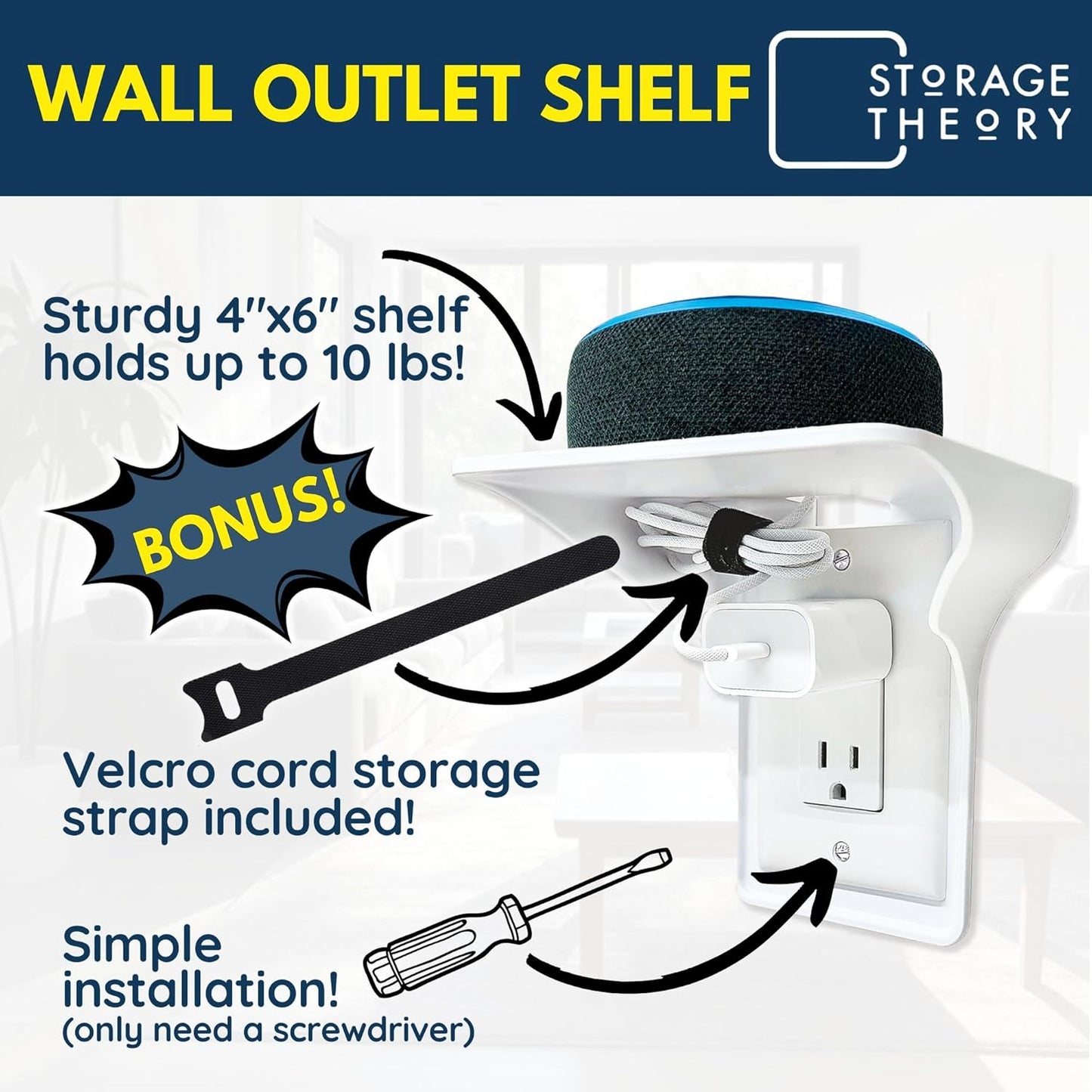 BeraTek Power Perch Wall Outlet Shelf with Cord Storage Strap - Declutter & Reclaim Bathroom Counter Space - Echo Dot Stand, Homepod Mini Wall Mount, Smart Home Devices Organizer - White, 2-Pack