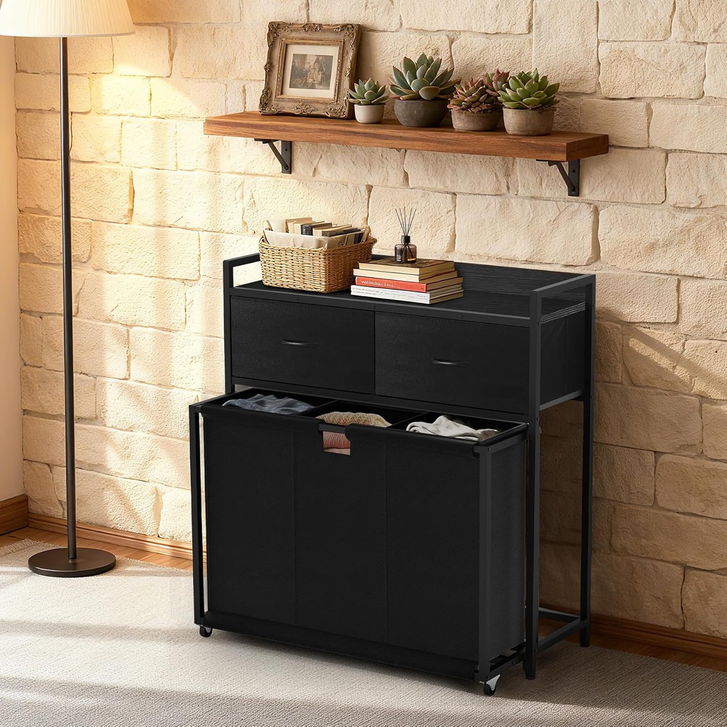 Laundry Hamper with 3 Section Rolling Bags, Laundry Sorter with Wheels, Laundry Basket with 2 Drawer for Laundry Room (Charcoal Black)