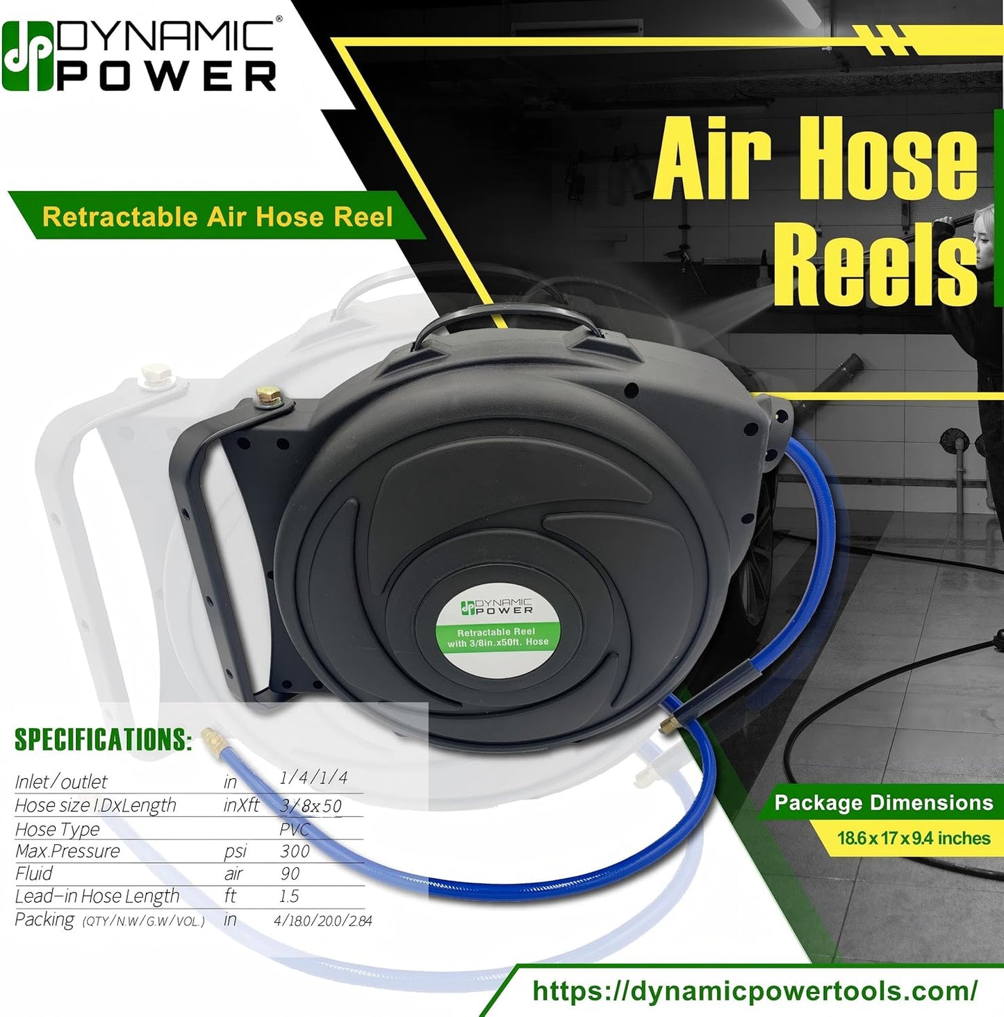 Elite Retractable Air Hose Reel with 3/8-Inch by 50-Feet PU Air Hose exceptional resistance to abrasion, oil, and weather - DP-HR5-315