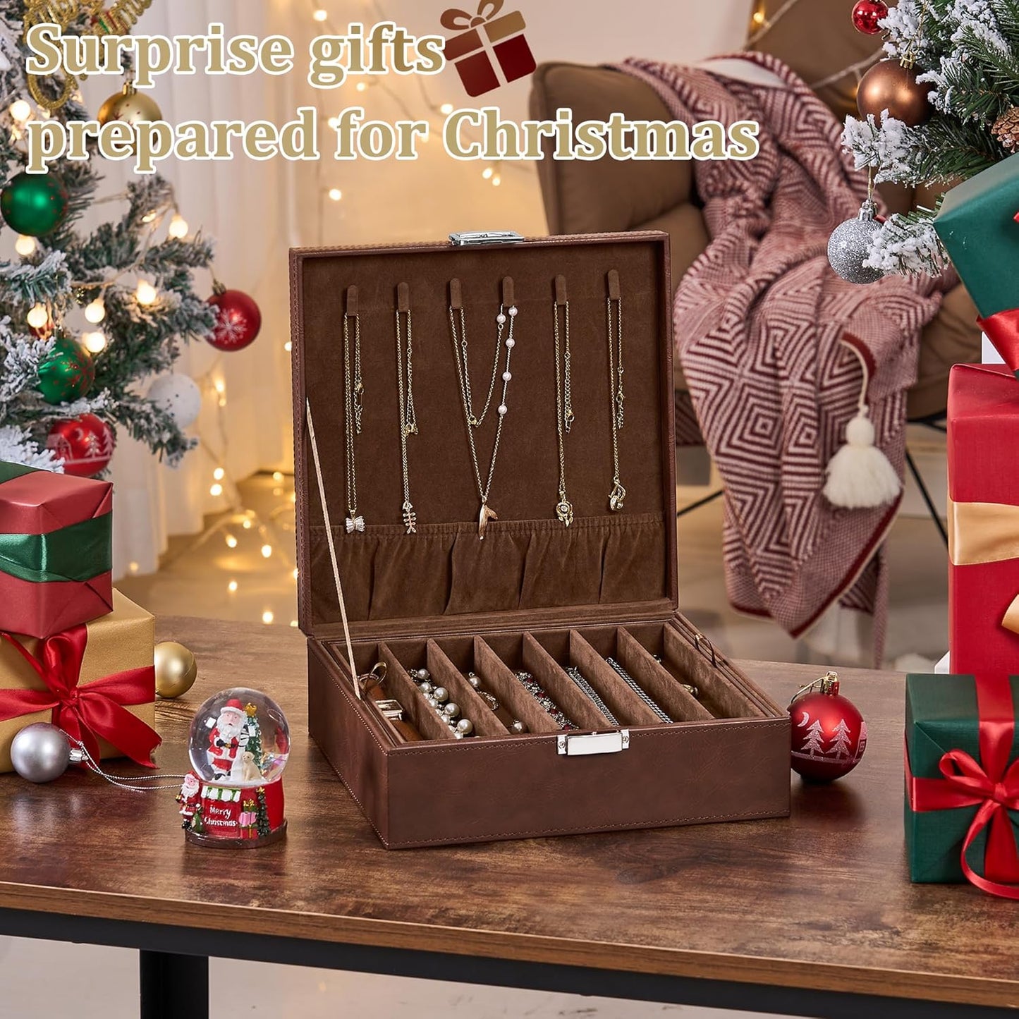 BEWISHOME Necklace Organizer Box, 2-Layer Jewelry Box to Save Space, Modern Style Necklace Storage Box, Brown Necklace and Bracelet Holder for Women, Girls, SSH31Z