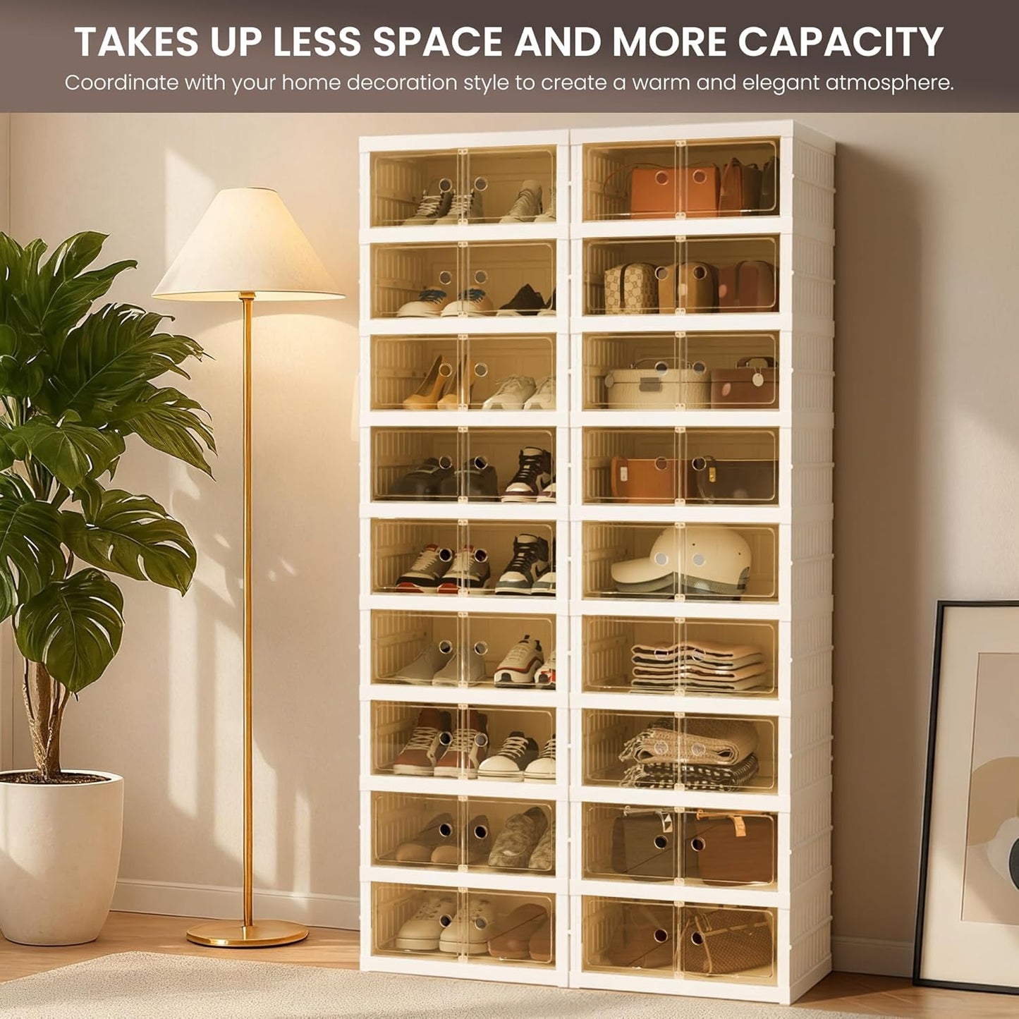 Foldable Shoe Organizer Storage Box, Portable Extra Large Folding Shoe Rack for Closet, Shoe Storage Box with Magnetic Transparent Door and Wheels, 9 Layers 18 Grids