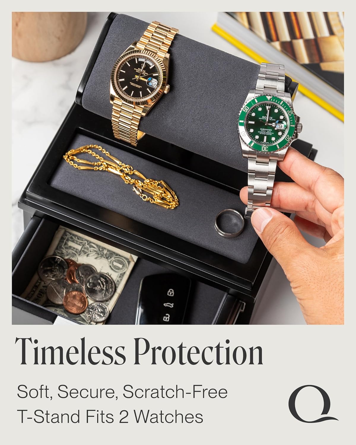 QWATCH Watch Stand Display Case - Acrylic Watch Box for 2 or 4 Watches with Jewelry Valet Tray and Drawer