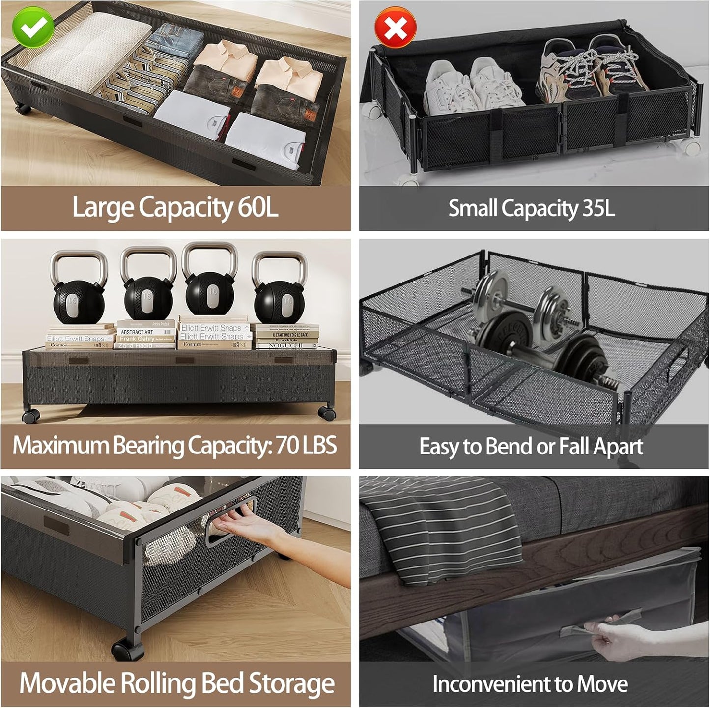 KITHELP Under Bed Storage with Wheels,2 Pack Under Bed Shoe Storage, Under the Bed Storage Drawers with Remove Window, Extra Large Rolling Under Bed Storage Metal Drawer for Clothes (Black-2 pack)
