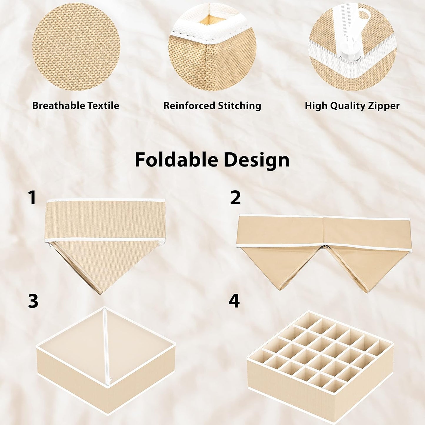 Simple Houseware Sock Drawer Organizer for Dresser/Closet/Bedroom, 3 Pack, Beige