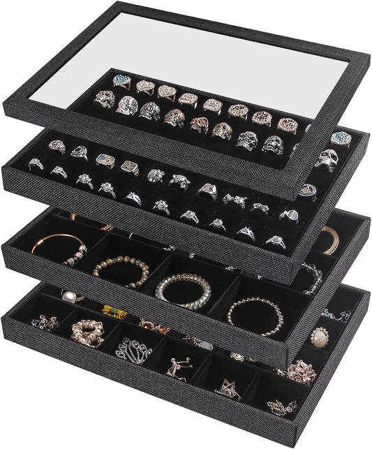 Julysky 4 Pcs/set Stackable Jewelry Organizer Trays with Glass Lid,100 Slots Ring Holder,Bracelet Displays Stand for Selling Necklace Earring Rack