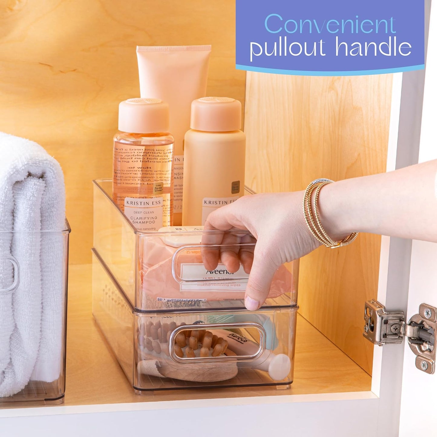 primebox Plastic Food Storage Clear Container Bin with Handles for Organizing Kitchen, Pantry, Refrigerator, Freezer, Pantry, Cabinet, Closet, Bathroom. Stackable 10”x6”x3”