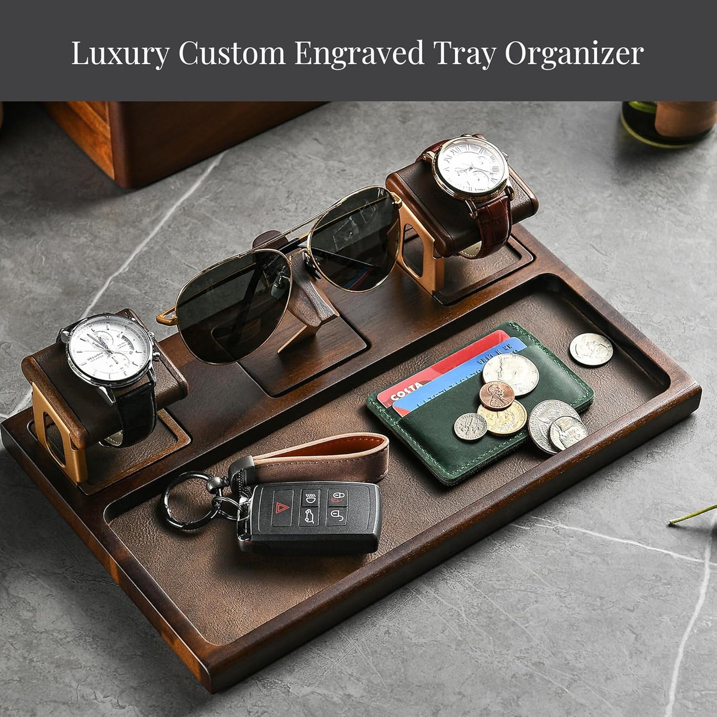 Shanik Wooden Nightstand Organizer – Everyday Carry Docking Station with Watch Holder & Glasses Tray, Personalized Gift for Men or Women