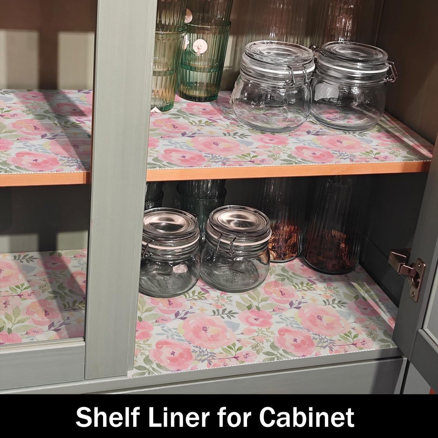 Peach Peony Shelf and Drawer Liner for Kitchen,Non-Adhesive and Strong Non-Slip Floral Cabinet Drawer Liners for Kitchen Shelf, Waterproof Cupboard Liners,Easy to Clean,12IN x 10FT