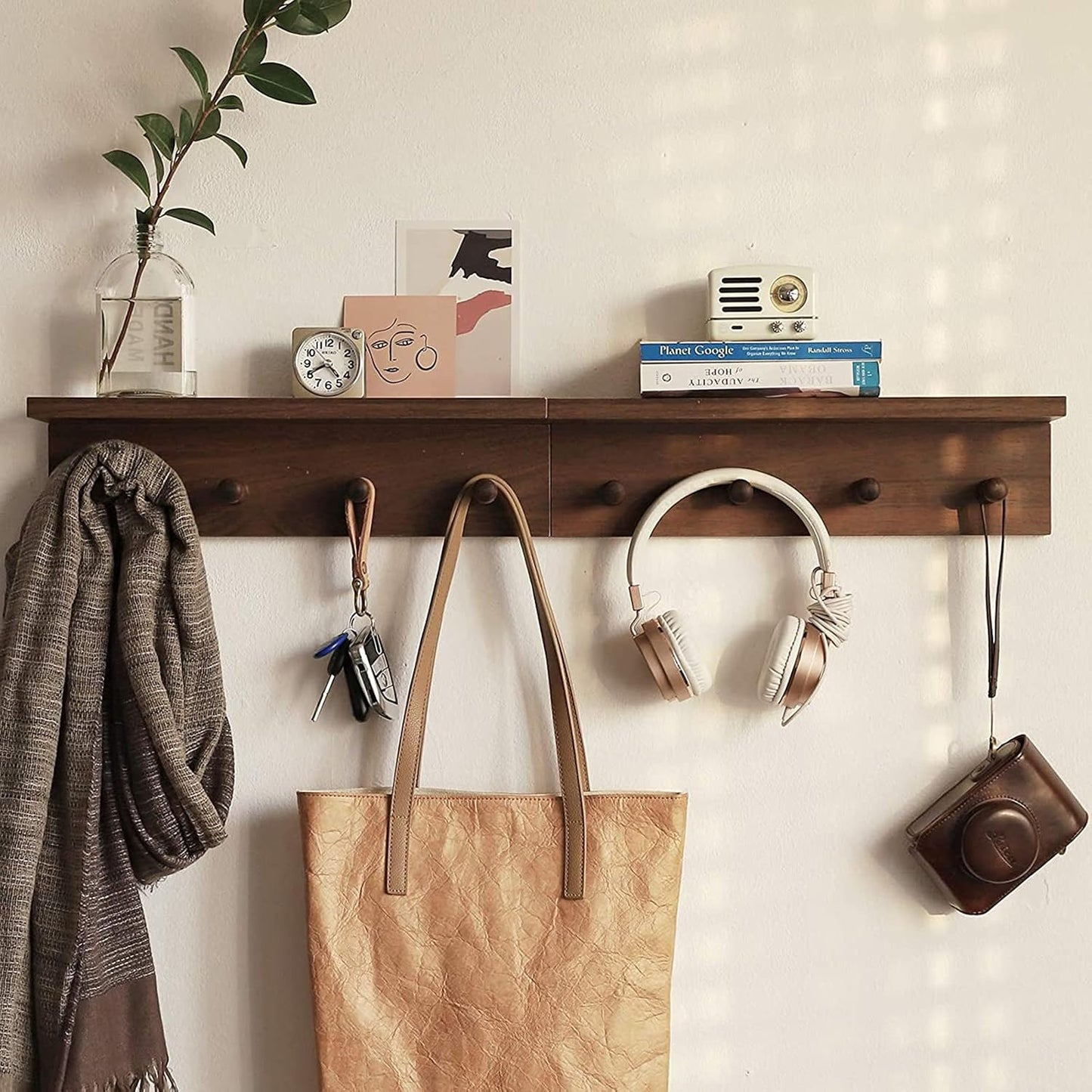Entrance Coat Rack ，Coat Hooks, Wall-Mounted Wooden Hook Rack, Wall-Mounted Shelves are Very Suitable (Walnut Colored Finish-1)