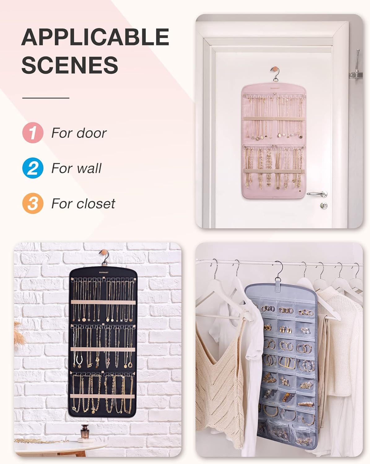 BAGSMART Hanging Jewelry Organizer, Necklace Holder Anti-tangle Earrings Rings Hanger with 20 Jewelry Bags Travel Storage Roll with Pockets Hang on Closet, Wall, Door,1 Piece, Large Pink