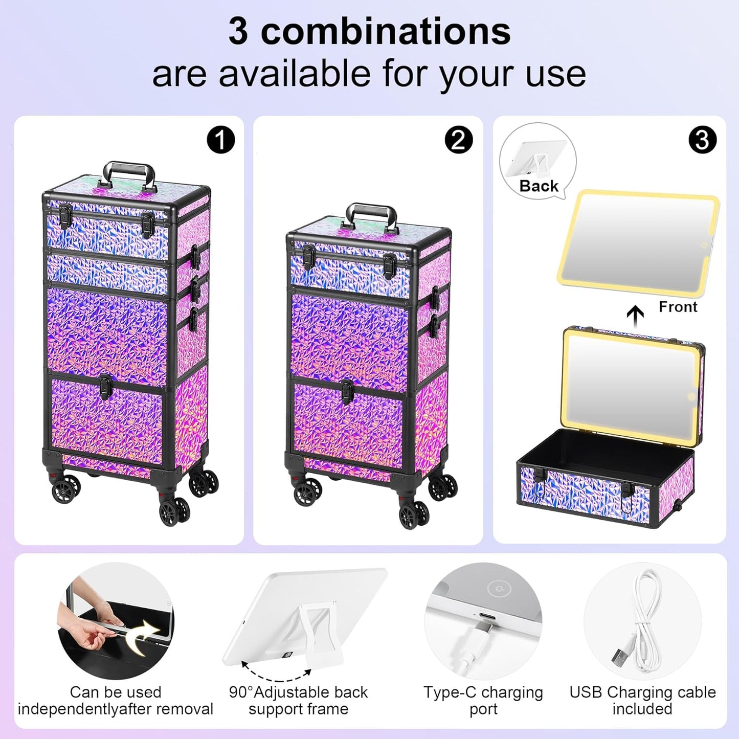 Rolling Makeup Case with Lighted Mirror, Makeup Train Case with Large Drawer, Cosmetology Case, Travel Makeup Organizers, Professional for Salon Barber, Nail, Tattoo, Multicolor Purple