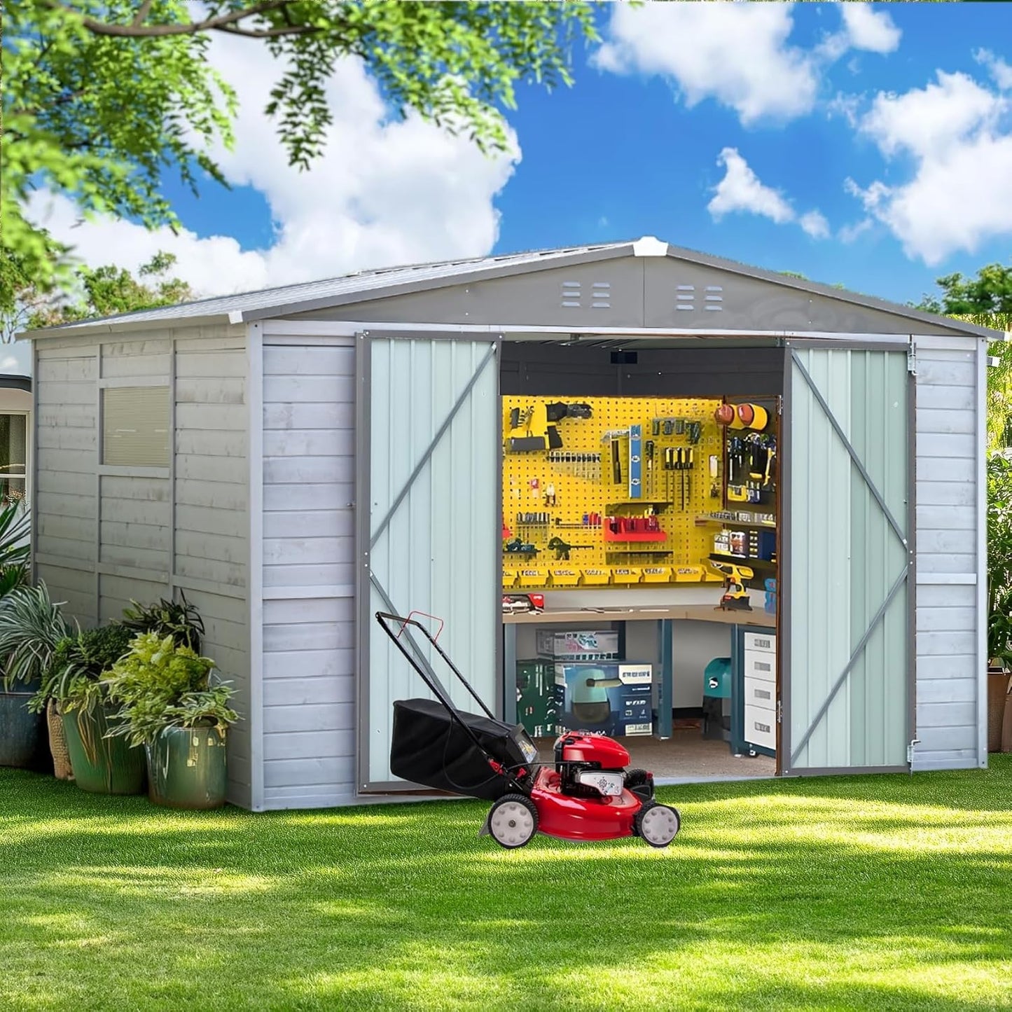 Shed 8' x 8' Storage Shed, 8 x 8 FT Wood Sheds & Outdoor Storage Clearance, Utility and Tool Garden Shed, Waterproof Storage Shed Large with Lockable Doors for Backyard, Patio, Outside Use (Gray)