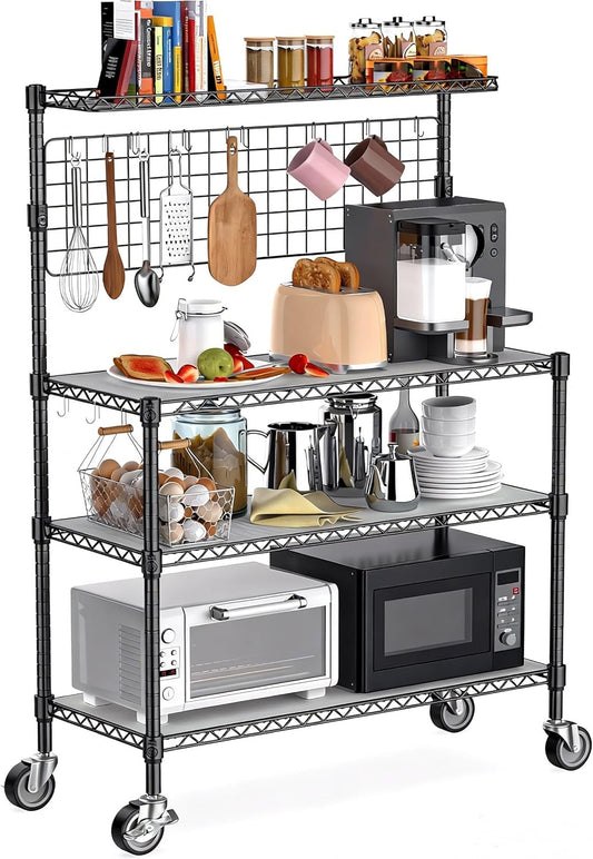 Leteuke Bakers Rack with Storage & Wheels, 42 Inch Microwave Stand Kitchen Shelves, 4-Tier Heavy Duty Storage Rack with 20 S-Hooks, Commercial Metal Utility Kitchen Cart, 42× 18× 63 Inch, Black