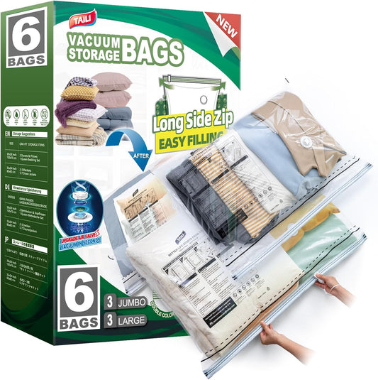 TAILI 6 Pack Vacuum Storage Bags, LONG SIDE ZIP (3 Large+3 Jumbo), Multi-Size Vacuum Seal Bags for Clothing, Storage Bulky Beddings, Comforters and Clothes, Space Saver for Closet Organization
