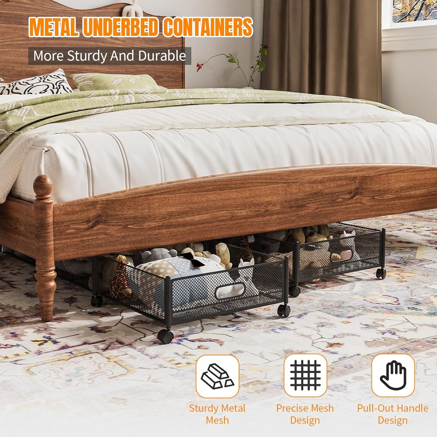 Under Bed Storage With Wheels, 47.2''/90lbs/57.6L, Metal Frame Under Bed Rolling Storage, Tool-Free Assembly Underbed Drawers, Underbed Organizer Containers for Shoes, Clothes and Toys (2 Pack)
