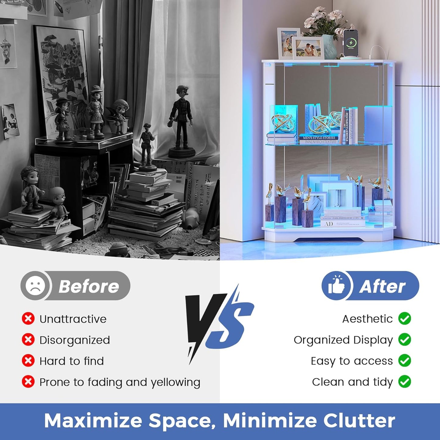 Corner Display Cabinet Set of 2 with Glass Doors, Small Display Case with 3-Color LED Lights and Charging Station, 2-Tier Curio Cabinet with Storage and Shelf, White