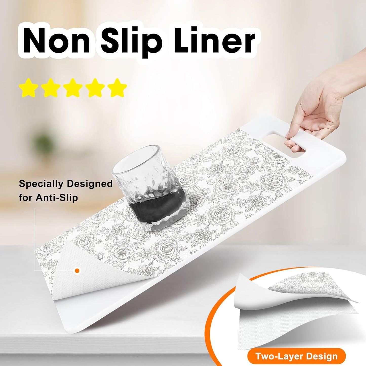 Drawer and Shelf Liner for Kitchen Cabinets Non-Adhesive, Non-Slip Cabinet Liner Shelf Paper Strong Grip Waterproof Easy to Clean for Kitchen Shelves Cupboard, Flower,17.5IN X 20FT
