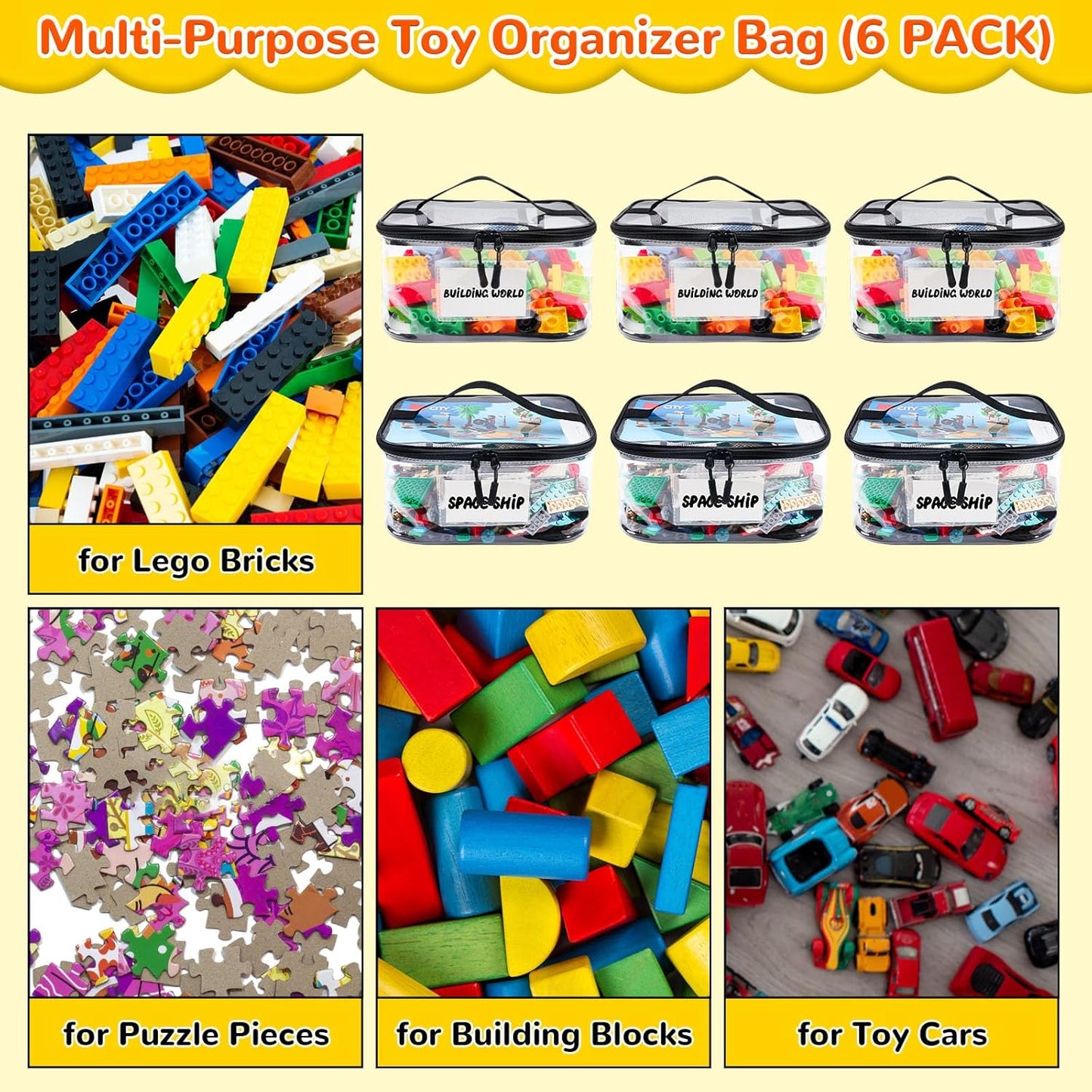 6 Pack Clear Toy Storage Bag with Name Tag& Manual Pocket, Waterproof Transparent PVC Toy Organizer Case for Lego Bricks, Board Games, Building Blocks, Puzzles (Large Capacity, Black)