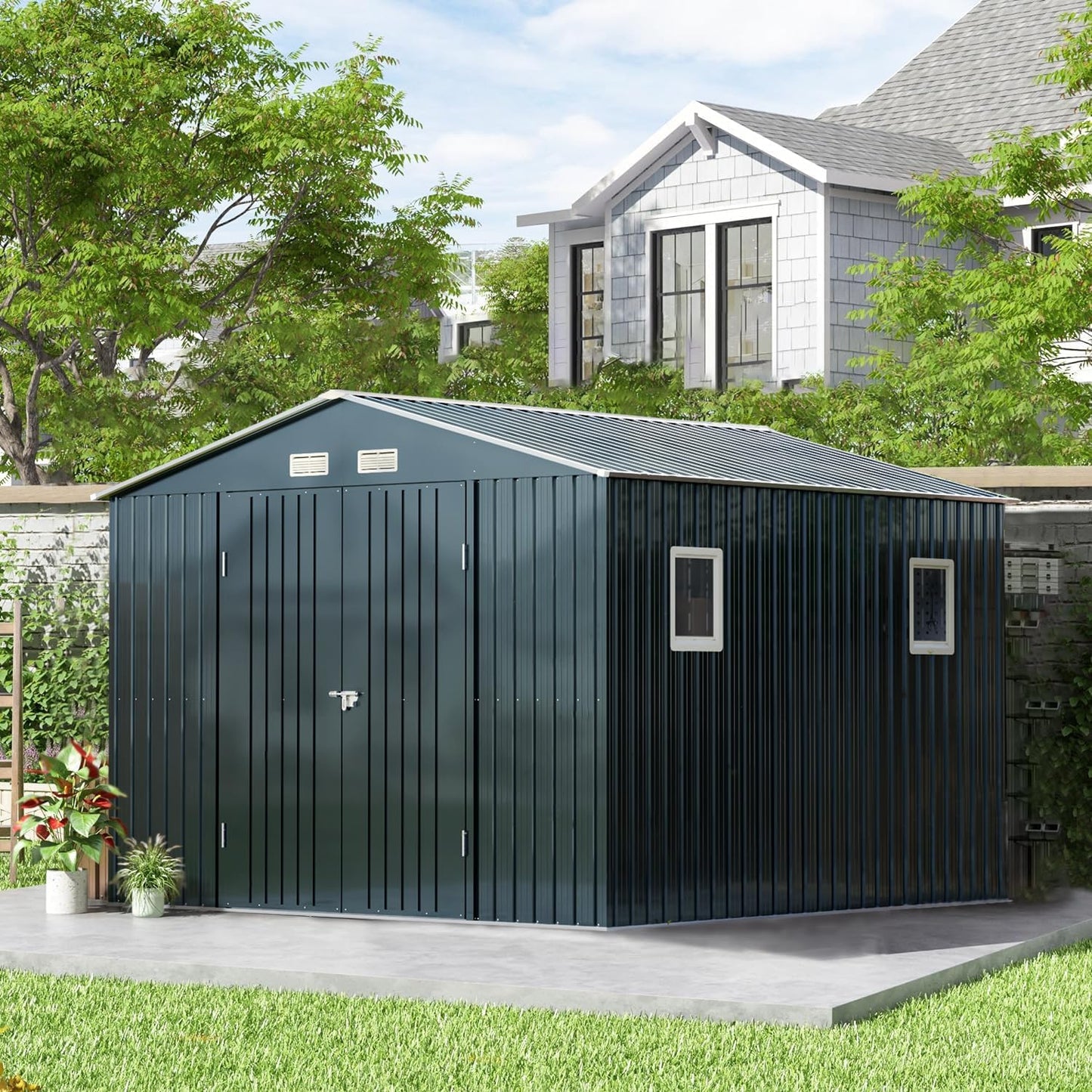 Breezz Outdoor Storage Shed 10 x 10 ft. Utility Tool Shed Metal Storage Garden Shed with Lockable Doors, Windows for Patio Storage,Nightblue