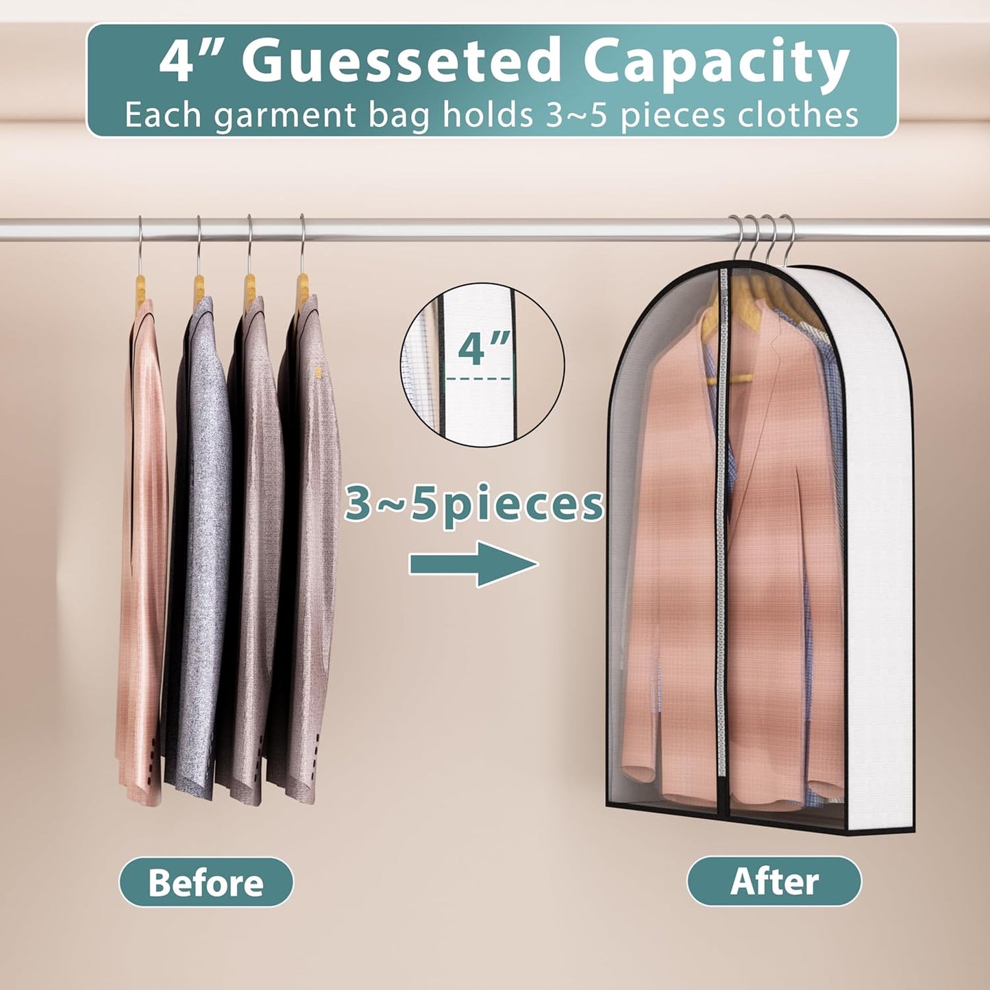32” Garment Bags for Hanging Clothes 4” Gusseted - with Clear Window, Breathable Fabric, Metal Zipper, Suit Coat Fur Protector for Closet storage, clothes Season Off, Moving, 3 Pack