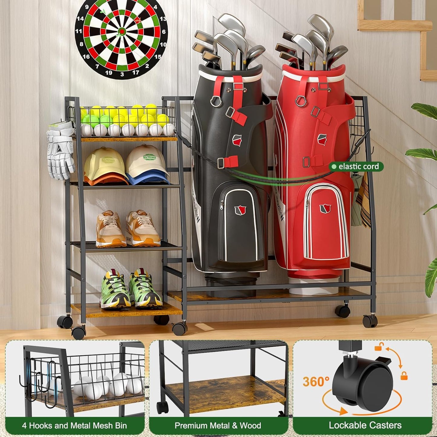 Golf Bag Storage Rack for Garage with Wheels, Organizer for Golf Bag and Equipment Accessories, Golf Organizer Stand Ideal for Home, Garage, Club, Shed, Basement - Sturdy and Durable (Black)