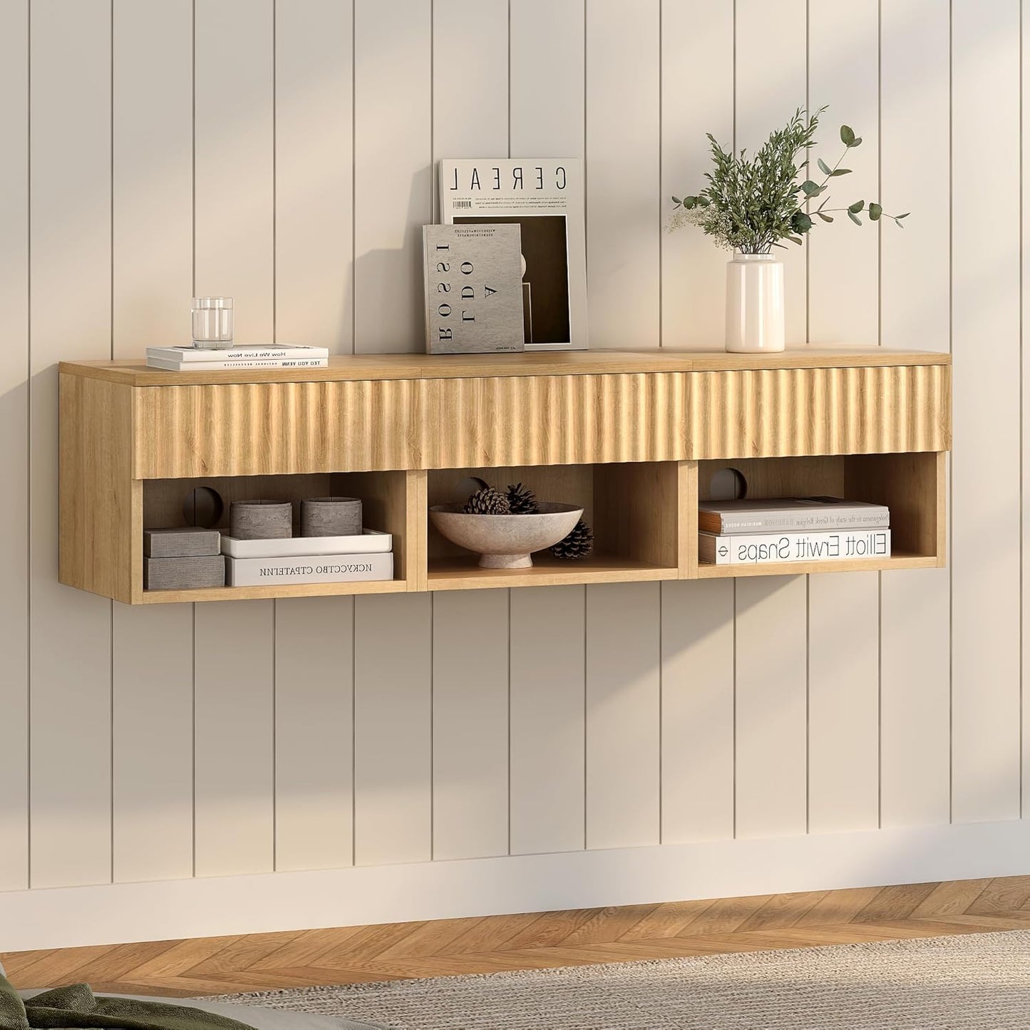 Floating Nightstands Set of 3 with Drawer and Open Shelf, Small Wall Mounted Bedside End Table, Modern Fluted Night Stand for Bedroom, Living Room, Natural Oak