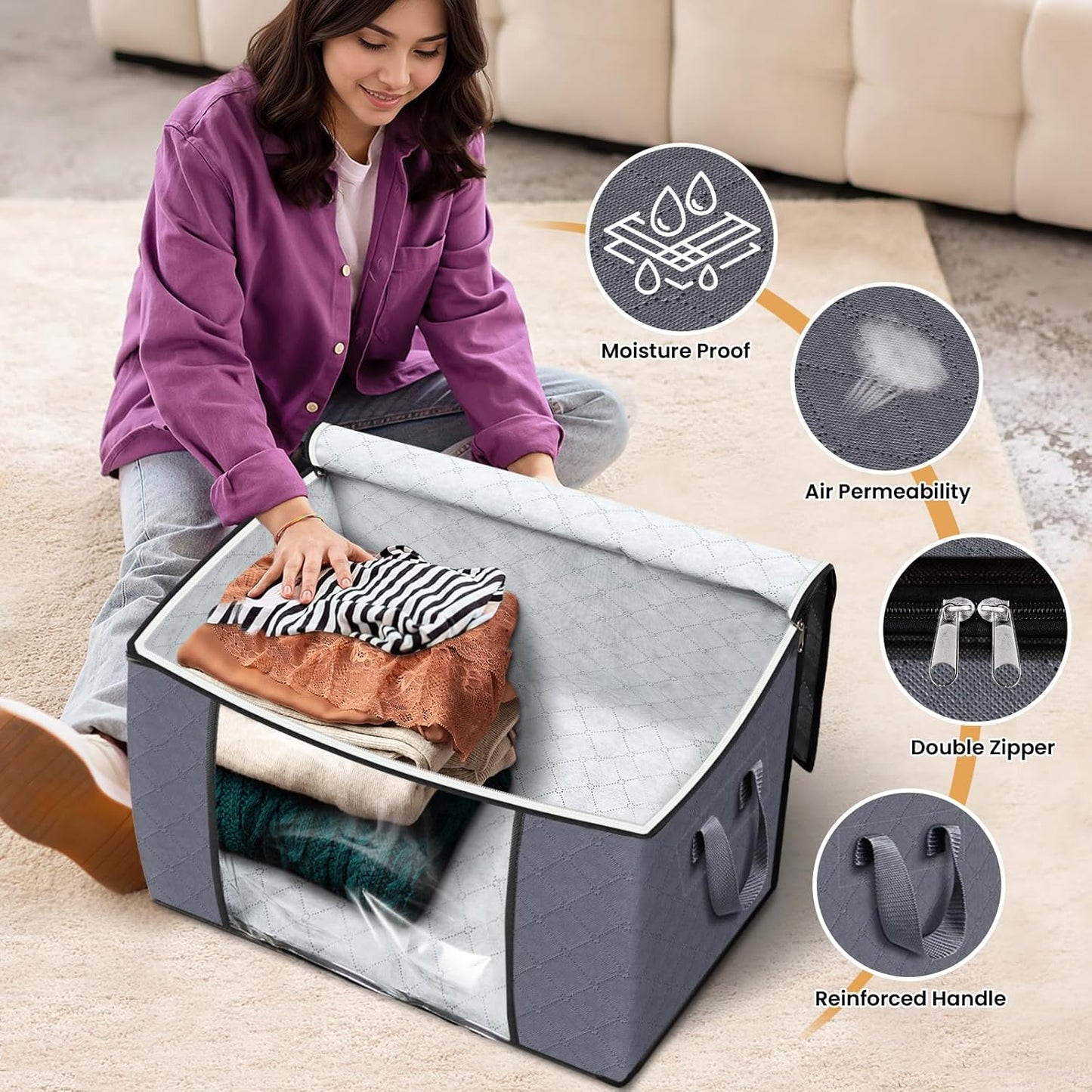 Fab totes 24 Gallons Clothes Storage, Foldable Thick Fabric Blanket Storage Bags, Containers for Organizing Bedroom, Closet, Clothing, Comforter, Organization with Handle (4 Pack,Grey)