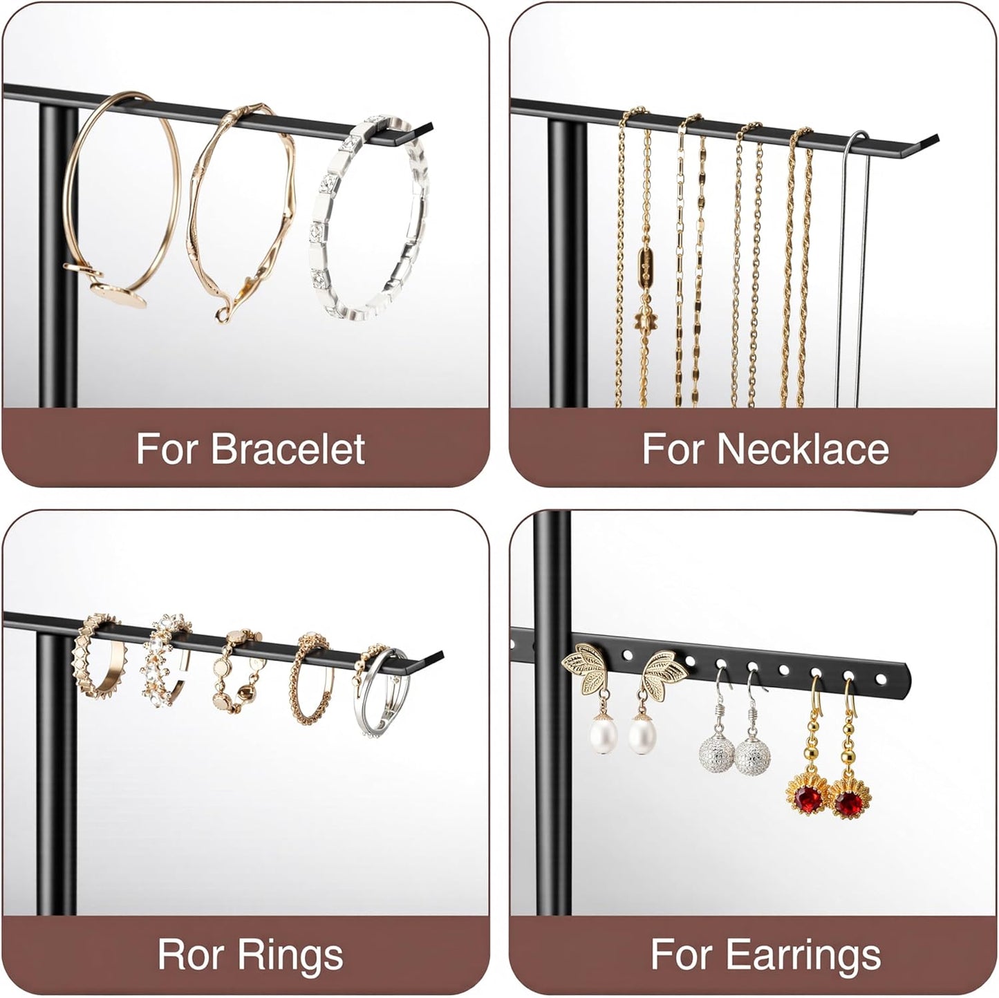 pickpiff Jewelry Stand Organizer, 12.5" Tall Sturdy Metal, 3-Tier Jewelry Holder for Necklace, Earring, Bracelet, Ring, Hanger for Display and Storage, Aesthetic Room Decor, Black