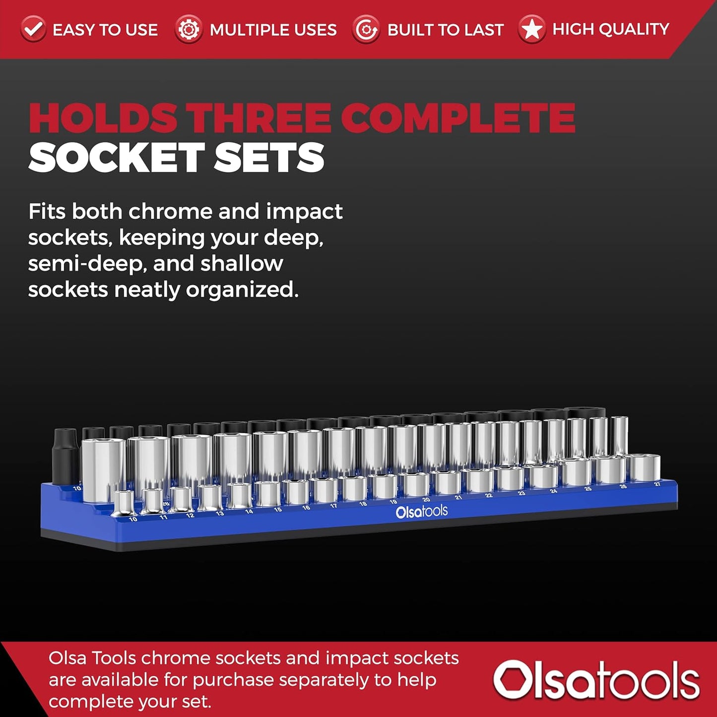 Olsa Tools Magnetic Socket Organizer (1/2-Inch Drive, 3 Row) - Magnetic Tool Organizer & Socket Holder - Tool Box Socket Organizers - Metric Blue - Holds 54 Sockets - Professional Grade - Part: 1555