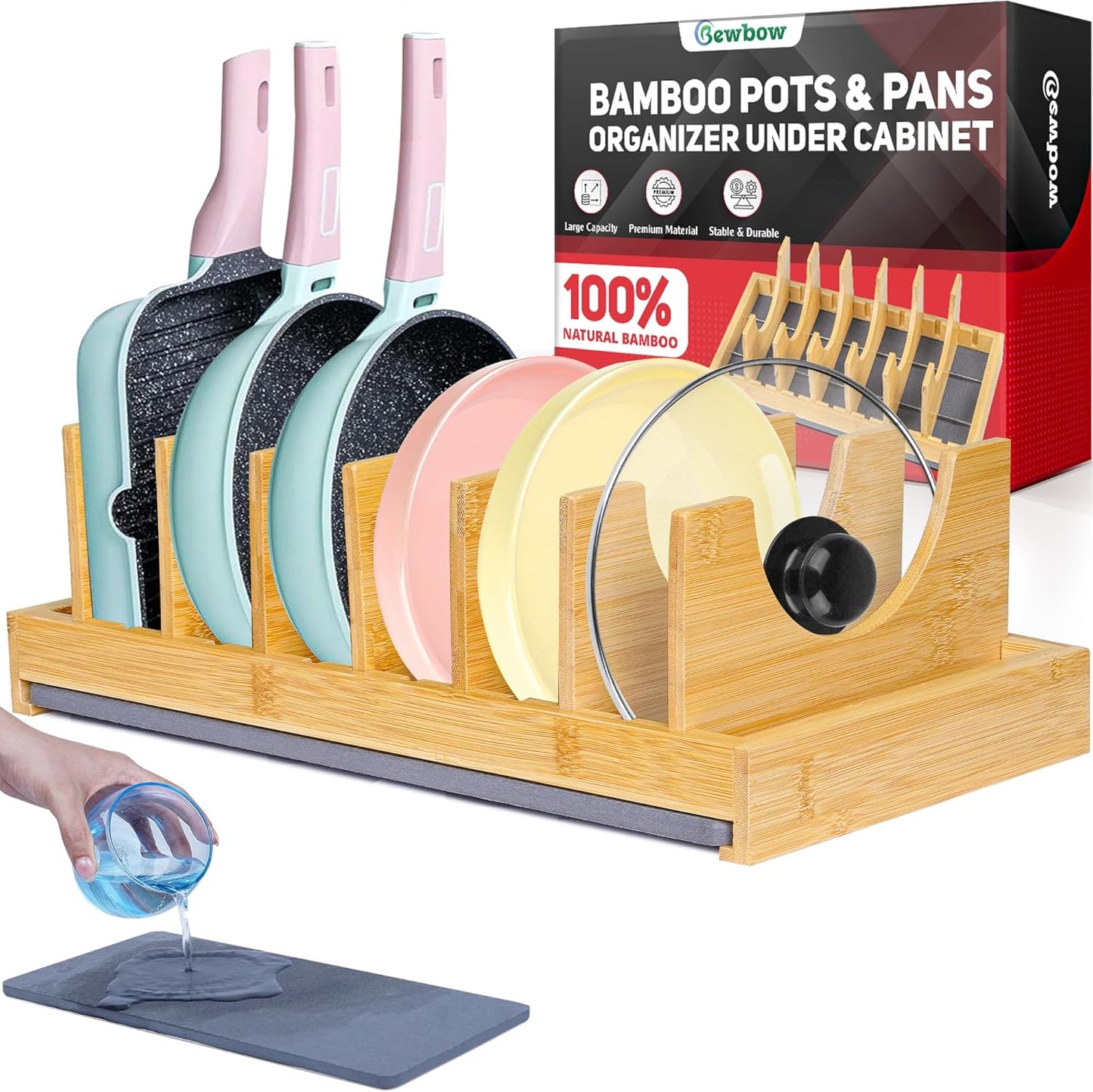 [Upgraded] Bamboo Pots and Pans Organizer under Cabinet, Bakeware and Cutting Board Organizers with Diatomaceous Earth Base & 7 PCS Adjustable Dividers, Tray Organizer for Kitchen Storage