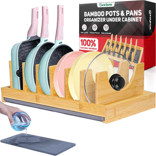 [Upgraded] Bamboo Pots and Pans Organizer under Cabinet, Bakeware and Cutting Board Organizers with Diatomaceous Earth Base & 7 PCS Adjustable Dividers, Tray Organizer for Kitchen Storage