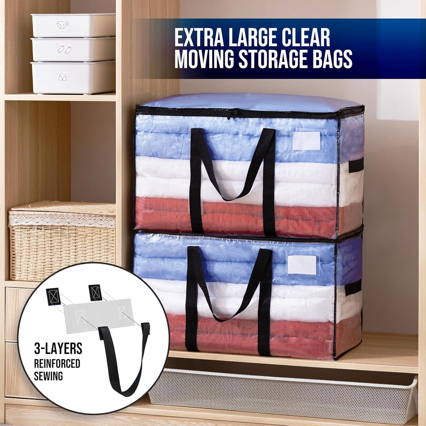 TAILI Extra Large Moving Bags, 4 Pack Clear Heavy Duty Totes for Storage with Visible Window, Wrap Around Handles, Storage Bags for Space Saving, Alternative to Moving Boxes